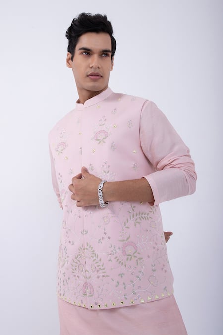 Kaka Calcutta_Pink Cotton Mirrors, Embroidery Bundi Jacket _at_Aza_Fashions