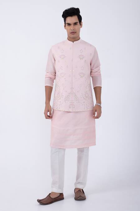 Kaka Calcutta_Pink Bamboo, Cotton, Silk Plain Kurta And Pyjama Set _Online_at_Aza_Fashions