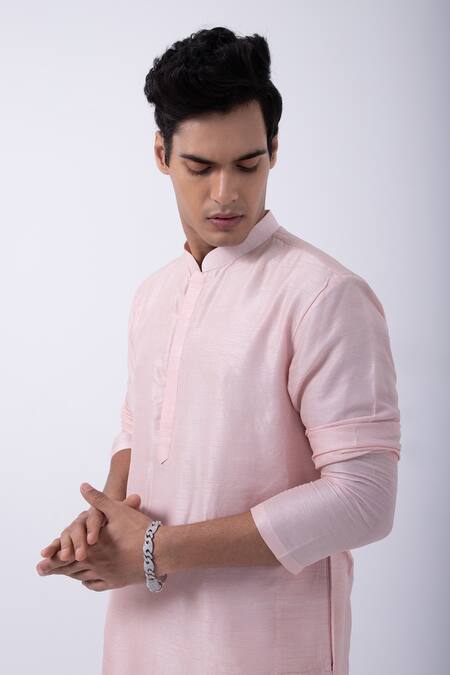 Shop_Kaka Calcutta_Pink Bamboo, Cotton, Silk Plain Kurta And Pyjama Set _Online_at_Aza_Fashions