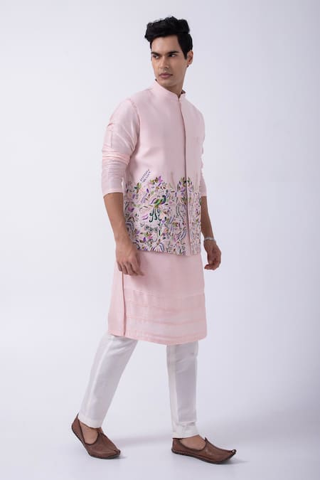 Kaka Calcutta Pink Sequins Floral Mirror Embroidered Bundi Jacket Online at Aza Fashions Kaka Calcutta_Pink Sequins Floral Mirror Embroidered Bundi Jacket _Online_at_Aza_Fashions
