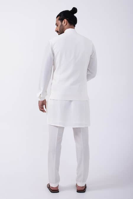 Shop Kaka Calcutta Ivory Bamboo, Cotton, Silk Embroidery Bundi Jacket And Kurta Set at Aza Fashions Shop_Kaka Calcutta_Ivory Bamboo, Cotton, Silk Embroidery Bundi Jacket And Kurta Set _at_Aza_Fashions