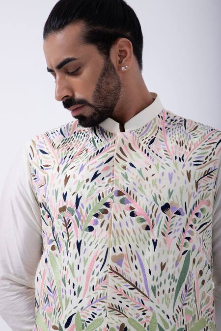 Kaka Calcutta Ivory Bamboo, Cotton, Silk Embroidery Bundi Jacket And Kurta Set at Aza Fashions Kaka Calcutta_Ivory Bamboo, Cotton, Silk Embroidery Bundi Jacket And Kurta Set _at_Aza_Fashions