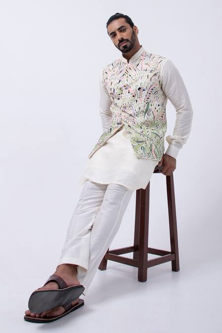 Buy Kaka Calcutta Ivory Bamboo, Cotton, Silk Embroidery Bundi Jacket And Kurta Set Buy_Kaka Calcutta_Ivory Bamboo, Cotton, Silk Embroidery Bundi Jacket And Kurta Set