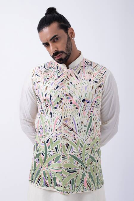 Buy Kaka Calcutta Ivory Cotton Embroidery Thread Bundi Jacket Online at Aza Fashions Buy_Kaka Calcutta_Ivory Cotton Embroidery Thread Bundi Jacket _Online_at_Aza_Fashions