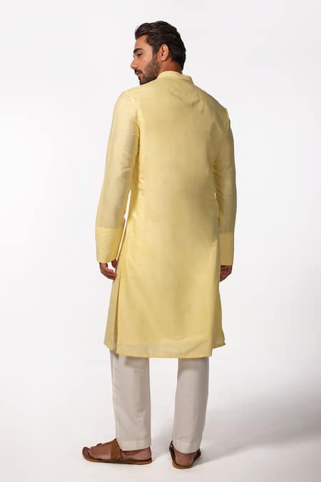 Shop Kaka Calcutta Yellow Bamboo, Cotton, Silk Embroidery Collar Kurta And Pyjama Set at Aza Fashions Shop_Kaka Calcutta_Yellow Bamboo, Cotton, Silk Embroidery Collar Kurta And Pyjama Set _at_Aza_Fashions