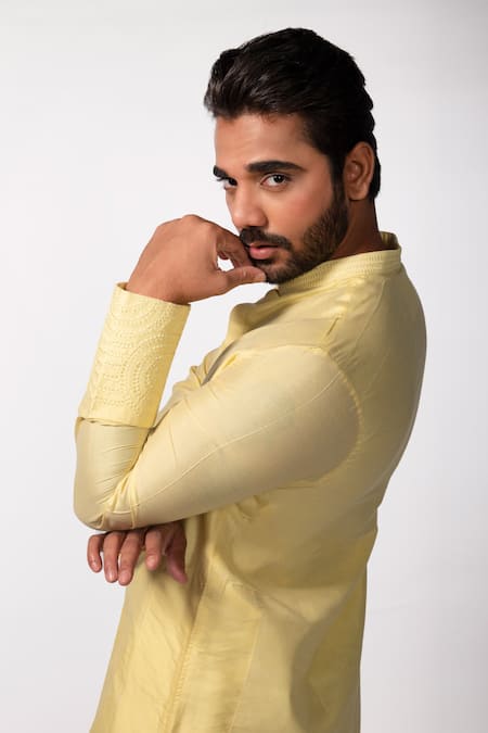 Shop Kaka Calcutta Yellow Bamboo, Cotton, Silk Embroidery Collar Kurta And Pyjama Set Online at Aza Fashions Shop_Kaka Calcutta_Yellow Bamboo, Cotton, Silk Embroidery Collar Kurta And Pyjama Set _Online_at_Aza_Fashions