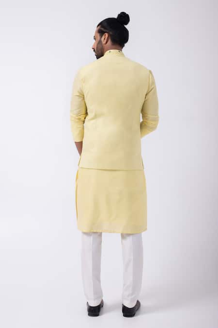 Shop Kaka Calcutta Yellow Bamboo, Cotton, Silk Mirrors, Embroidery Kurta Set With Bundi Jacket at Aza Fashions Shop_Kaka Calcutta_Yellow Bamboo, Cotton, Silk Mirrors, Embroidery Kurta Set With Bundi Jacket _at_Aza_Fashions