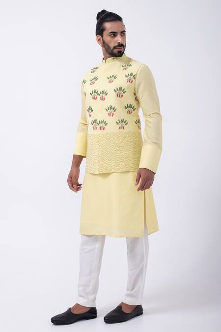Buy Kaka Calcutta Yellow Bamboo, Cotton, Silk Mirrors, Embroidery Kurta Set With Bundi Jacket Online at Aza Fashions Buy_Kaka Calcutta_Yellow Bamboo, Cotton, Silk Mirrors, Embroidery Kurta Set With Bundi Jacket _Online_at_Aza_Fashions