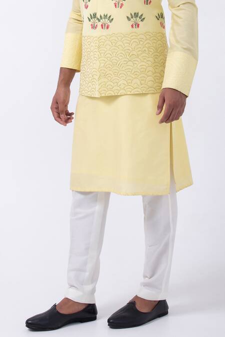 Shop Kaka Calcutta Yellow Bamboo, Cotton, Silk Mirrors, Embroidery Kurta Set With Bundi Jacket Online at Aza Fashions Shop_Kaka Calcutta_Yellow Bamboo, Cotton, Silk Mirrors, Embroidery Kurta Set With Bundi Jacket _Online_at_Aza_Fashions