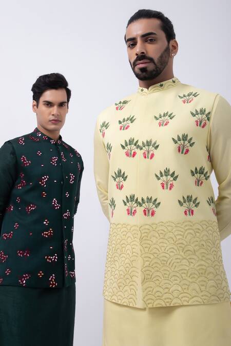 Kaka Calcutta Yellow Mirrors, Embroidery Cutdana Bundi Jacket Online at Aza Fashions Kaka Calcutta_Yellow Mirrors, Embroidery Cutdana Bundi Jacket _Online_at_Aza_Fashions