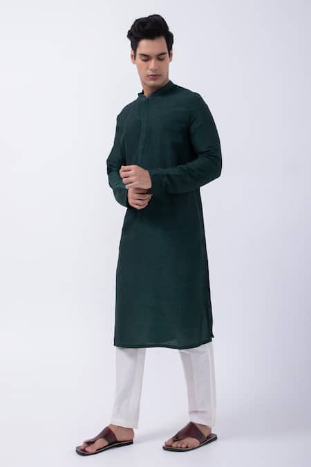 Buy_Kaka Calcutta_Green Bamboo, Cotton, Silk Solid Kurta And Pyjama Set _Online_at_Aza_Fashions