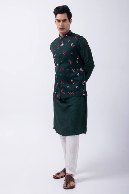 Buy_Kaka Calcutta_Green Bamboo, Cotton , Linen, Mirrors, Kurta And Bundi Jacket Set _Online_at_Aza_Fashions