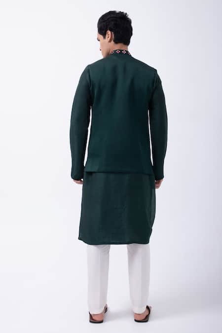 Shop_Kaka Calcutta_Green Linen, Satin Mirrors, Embroidery Bottle Bundi Jacket _at_Aza_Fashions