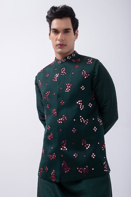 Kaka Calcutta_Green Linen, Satin Mirrors, Embroidery Bottle Bundi Jacket _Online_at_Aza_Fashions