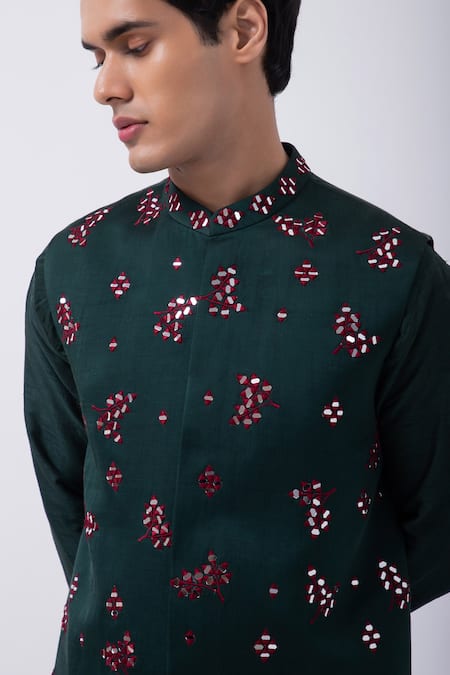 Buy_Kaka Calcutta_Green Linen, Satin Mirrors, Embroidery Bottle Bundi Jacket _Online_at_Aza_Fashions
