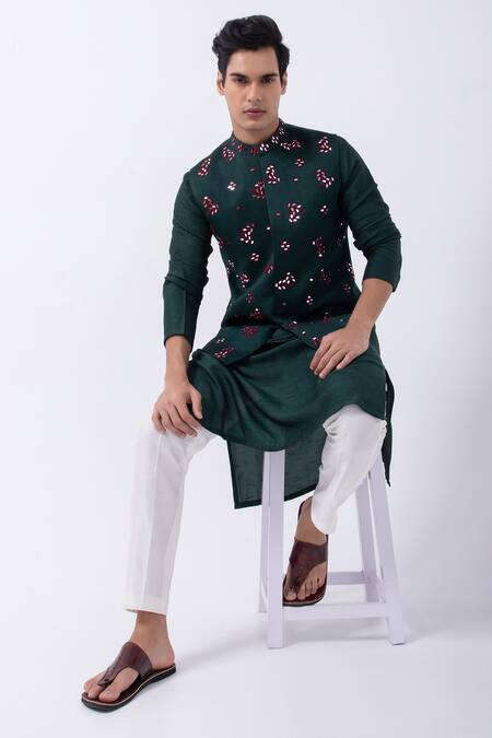 Shop_Kaka Calcutta_Green Linen, Satin Mirrors, Embroidery Bottle Bundi Jacket _Online_at_Aza_Fashions