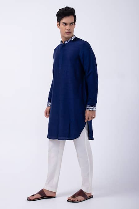 Kaka Calcutta Blue Bamboo, Cotton, Silk Mirrors Collar Embroidered Kurta And Pyjama Set Online at Aza Fashions Kaka Calcutta_Blue Bamboo, Cotton, Silk Mirrors Collar Embroidered Kurta And Pyjama Set _Online_at_Aza_Fashions
