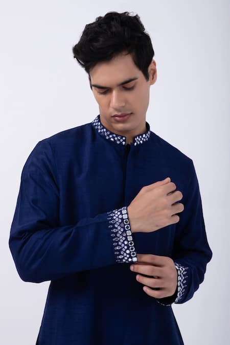 Shop Kaka Calcutta Blue Bamboo, Cotton, Silk Mirrors Collar Embroidered Kurta And Pyjama Set Online at Aza Fashions Shop_Kaka Calcutta_Blue Bamboo, Cotton, Silk Mirrors Collar Embroidered Kurta And Pyjama Set _Online_at_Aza_Fashions