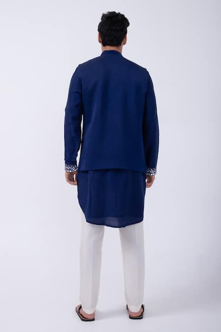 Shop Kaka Calcutta Blue Bamboo, Cotton , Linen, Embroidered Kurta And Bundi Jacket Set at Aza Fashions Shop_Kaka Calcutta_Blue Bamboo, Cotton , Linen, Embroidered Kurta And Bundi Jacket Set _at_Aza_Fashions