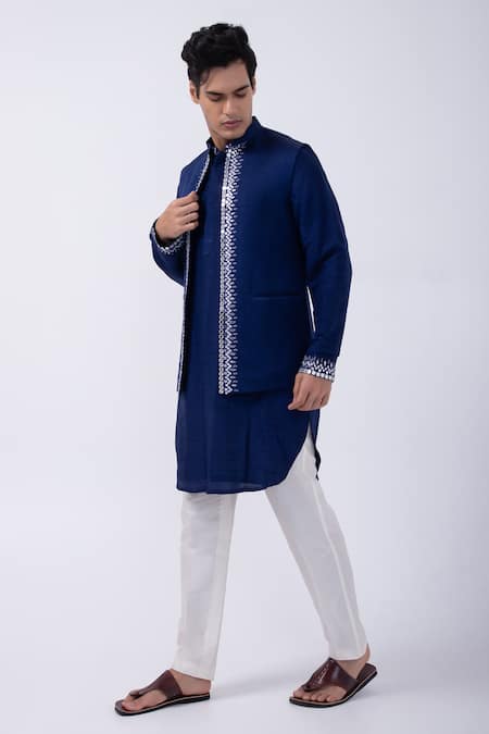 Kaka Calcutta Blue Bamboo, Cotton , Linen, Embroidered Kurta And Bundi Jacket Set Online at Aza Fashions Kaka Calcutta_Blue Bamboo, Cotton , Linen, Embroidered Kurta And Bundi Jacket Set _Online_at_Aza_Fashions