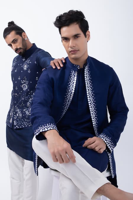 Shop Kaka Calcutta Blue Bamboo, Cotton , Linen, Embroidered Kurta And Bundi Jacket Set Shop_Kaka Calcutta_Blue Bamboo, Cotton , Linen, Embroidered Kurta And Bundi Jacket Set