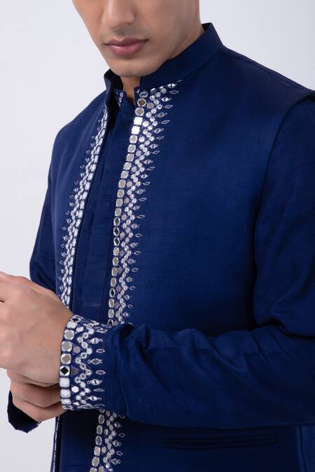 Kaka Calcutta_Blue Linen, Satin Mirrors Navy Embroidered Bundi Jacket _Online_at_Aza_Fashions