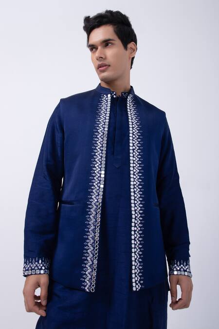 Buy_Kaka Calcutta_Blue Linen, Satin Mirrors Navy Embroidered Bundi Jacket _Online_at_Aza_Fashions