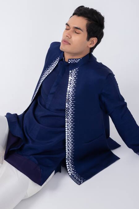 Shop_Kaka Calcutta_Blue Linen, Satin Mirrors Navy Embroidered Bundi Jacket _Online_at_Aza_Fashions