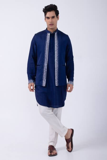 Buy_Kaka Calcutta_Blue Linen, Satin Mirrors Navy Embroidered Bundi Jacket 