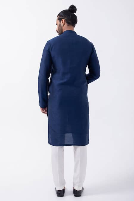 Shop_Kaka Calcutta_Blue Bamboo, Cotton, Silk Plain Kurta And Pyjama Set _at_Aza_Fashions