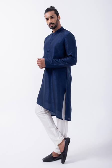 Buy_Kaka Calcutta_Blue Bamboo, Cotton, Silk Plain Kurta And Pyjama Set _Online_at_Aza_Fashions