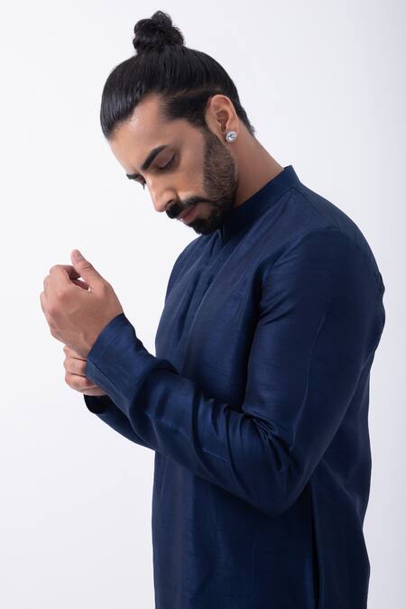 Shop_Kaka Calcutta_Blue Bamboo, Cotton, Silk Plain Kurta And Pyjama Set _Online_at_Aza_Fashions