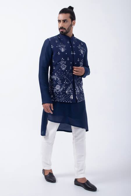 Shop Kaka Calcutta Blue Bamboo, Cotton, Silk Mirrors Work Bundi Jacket And Kurta Set Online at Aza Fashions Shop_Kaka Calcutta_Blue Bamboo, Cotton, Silk Mirrors Work Bundi Jacket And Kurta Set _Online_at_Aza_Fashions