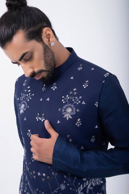 Kaka Calcutta Blue Bamboo, Cotton, Silk Mirrors Work Bundi Jacket And Kurta Set at Aza Fashions Kaka Calcutta_Blue Bamboo, Cotton, Silk Mirrors Work Bundi Jacket And Kurta Set _at_Aza_Fashions