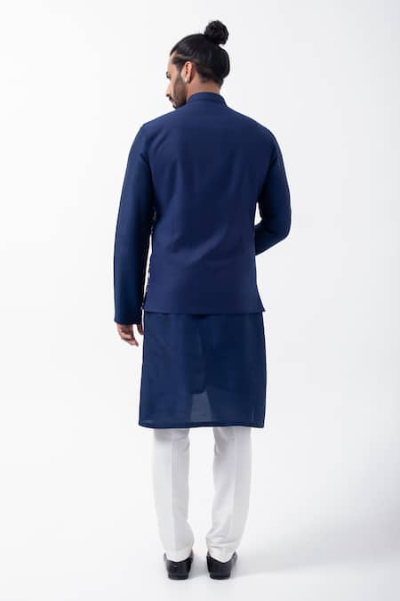 Shop_Kaka Calcutta_Blue Cotton Mirrors Navy Work Bundi Jacket _at_Aza_Fashions