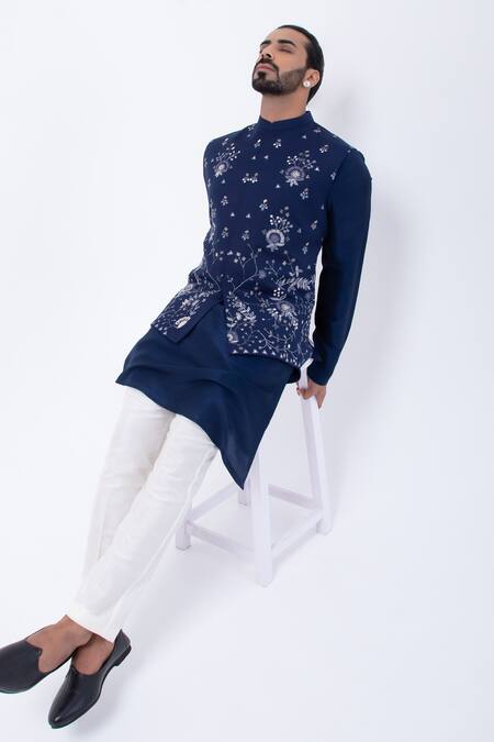 Kaka Calcutta_Blue Cotton Mirrors Navy Work Bundi Jacket _Online_at_Aza_Fashions