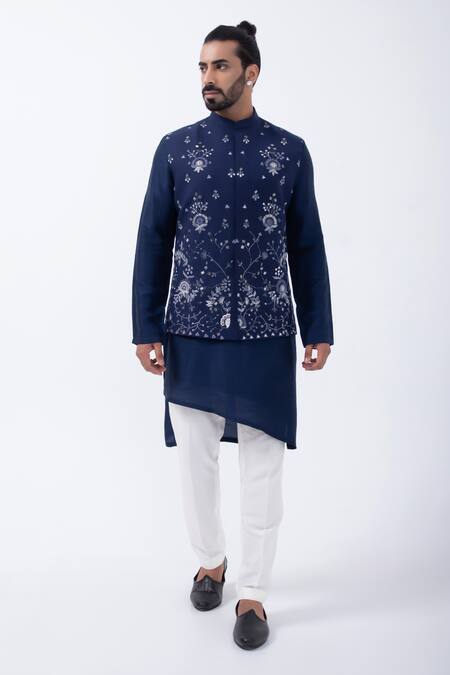 Buy_Kaka Calcutta_Blue Cotton Mirrors Navy Work Bundi Jacket _Online_at_Aza_Fashions