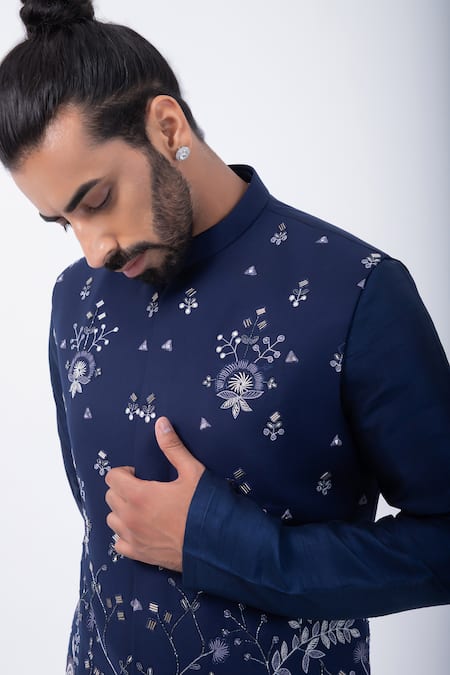 Shop_Kaka Calcutta_Blue Cotton Mirrors Navy Work Bundi Jacket _Online_at_Aza_Fashions