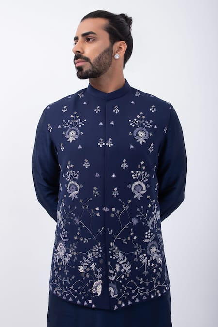 Kaka Calcutta_Blue Cotton Mirrors Navy Work Bundi Jacket _at_Aza_Fashions
