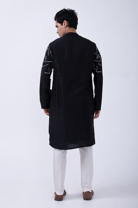 Shop Kaka Calcutta Black Bamboo, Cotton, Silk Embroidery Thread Kurta And Pyjama Set at Aza Fashions Shop_Kaka Calcutta_Black Bamboo, Cotton, Silk Embroidery Thread Kurta And Pyjama Set _at_Aza_Fashions