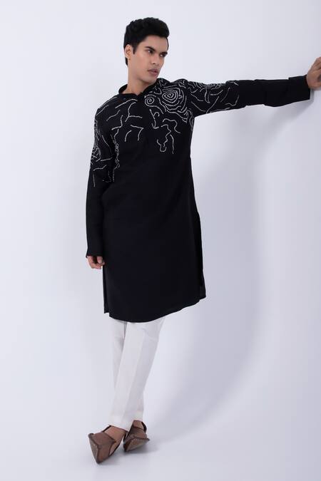 Shop Kaka Calcutta Black Bamboo, Cotton, Silk Embroidery Thread Kurta And Pyjama Set Online at Aza Fashions Shop_Kaka Calcutta_Black Bamboo, Cotton, Silk Embroidery Thread Kurta And Pyjama Set _Online_at_Aza_Fashions