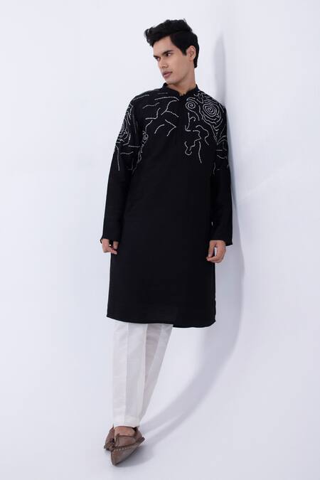 Kaka Calcutta Black Bamboo, Cotton, Silk Embroidery Thread Kurta And Pyjama Set at Aza Fashions Kaka Calcutta_Black Bamboo, Cotton, Silk Embroidery Thread Kurta And Pyjama Set _at_Aza_Fashions