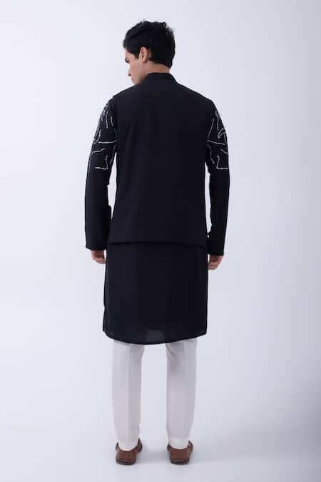 Shop Kaka Calcutta Black Bamboo, Cotton, Silk Embroidery Thread Bundi Jacket Set at Aza Fashions Shop_Kaka Calcutta_Black Bamboo, Cotton, Silk Embroidery Thread Bundi Jacket Set _at_Aza_Fashions