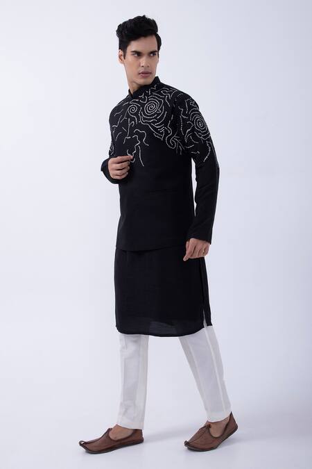 Shop Kaka Calcutta Black Bamboo, Cotton, Silk Embroidery Thread Bundi Jacket Set Online at Aza Fashions Shop_Kaka Calcutta_Black Bamboo, Cotton, Silk Embroidery Thread Bundi Jacket Set _Online_at_Aza_Fashions
