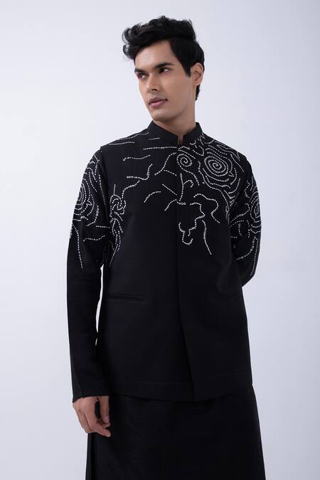 Kaka Calcutta Black Bamboo, Cotton, Silk Embroidery Thread Bundi Jacket Set at Aza Fashions Kaka Calcutta_Black Bamboo, Cotton, Silk Embroidery Thread Bundi Jacket Set _at_Aza_Fashions