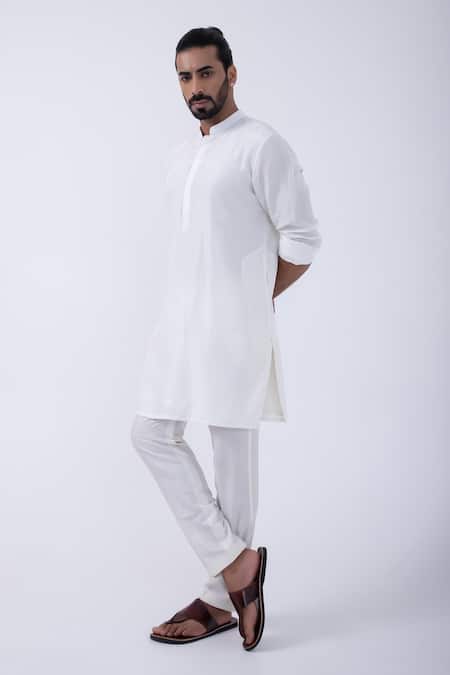 Buy_Kaka Calcutta_Ivory Bamboo, Cotton, Silk Solid Kurta And Pyjama Set _Online_at_Aza_Fashions