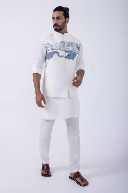 Buy Kaka Calcutta Ivory Bamboo, Cotton, Silk Embroidery Thread Bundi Jacket Kurta Set Online at Aza Fashions Buy_Kaka Calcutta_Ivory Bamboo, Cotton, Silk Embroidery Thread Bundi Jacket Kurta Set _Online_at_Aza_Fashions