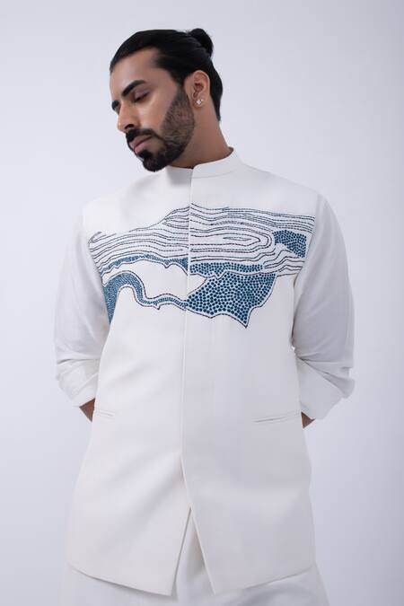 Shop Kaka Calcutta Ivory Bamboo, Cotton, Silk Embroidery Thread Bundi Jacket Kurta Set Online at Aza Fashions Shop_Kaka Calcutta_Ivory Bamboo, Cotton, Silk Embroidery Thread Bundi Jacket Kurta Set _Online_at_Aza_Fashions