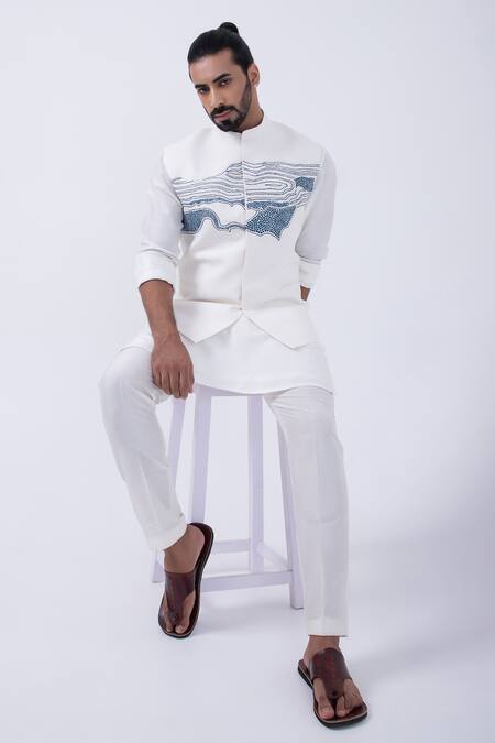 Kaka Calcutta Ivory Bamboo, Cotton, Silk Embroidery Thread Bundi Jacket Kurta Set at Aza Fashions Kaka Calcutta_Ivory Bamboo, Cotton, Silk Embroidery Thread Bundi Jacket Kurta Set _at_Aza_Fashions