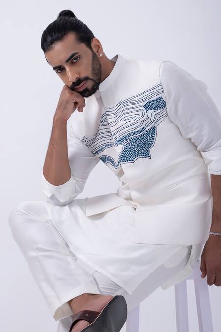 Buy Kaka Calcutta Ivory Bamboo, Cotton, Silk Embroidery Thread Bundi Jacket Kurta Set Buy_Kaka Calcutta_Ivory Bamboo, Cotton, Silk Embroidery Thread Bundi Jacket Kurta Set